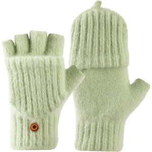 Women's Winter Warm Mittens Knitted Green Gloves Fingerless Button Closure